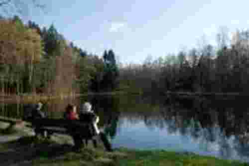 Personen sitzen auf einer Bank, die zum anliegenden See gerichtet ist