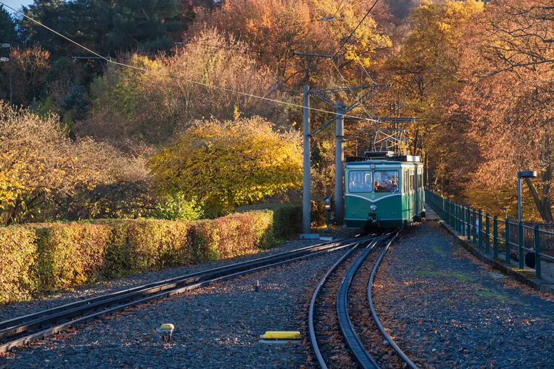 Das Bild zeigt eine historische grüne Bahn in herbstlicher Landschaft.