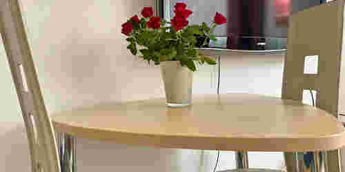 Sitzecke mit kleinem Tisch und zwei Stühlen und Rosen auf dem TIsch Sitzecke mit kleinem Tisch und zwei Stühlen und Rosen auf dem TIsch