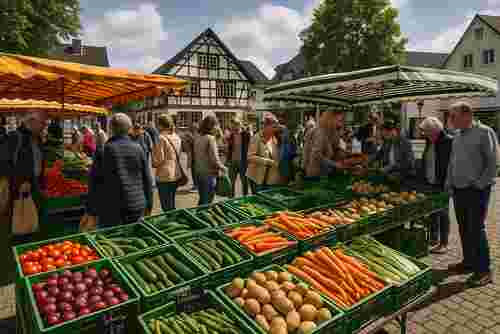 Menschen um den Gemüsestand auf dem Markt in Seelscheid